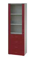 LE - 64 skříň léková prosklená, levá, korpus šedý, dvířka burgundská